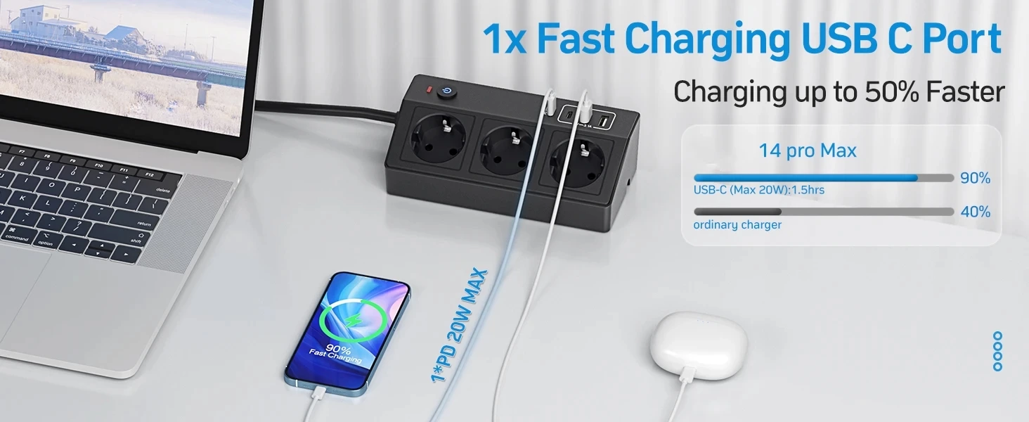 Desktop Power Strip with 3 AC Outlets, 4 USB Ports (Including USB-C PD 20W) Switch, 2M Cable and 4000W/16A Max Surge Protection for Office/Home