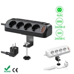 Table Socket with USB, 8-in-1 Socket Distributor, Flat Plug with 3 m Cable for Smartphones, 4-Way Switchable, 2 USB-C, 2 USB-A, Power Strip Desk Individually Switchable