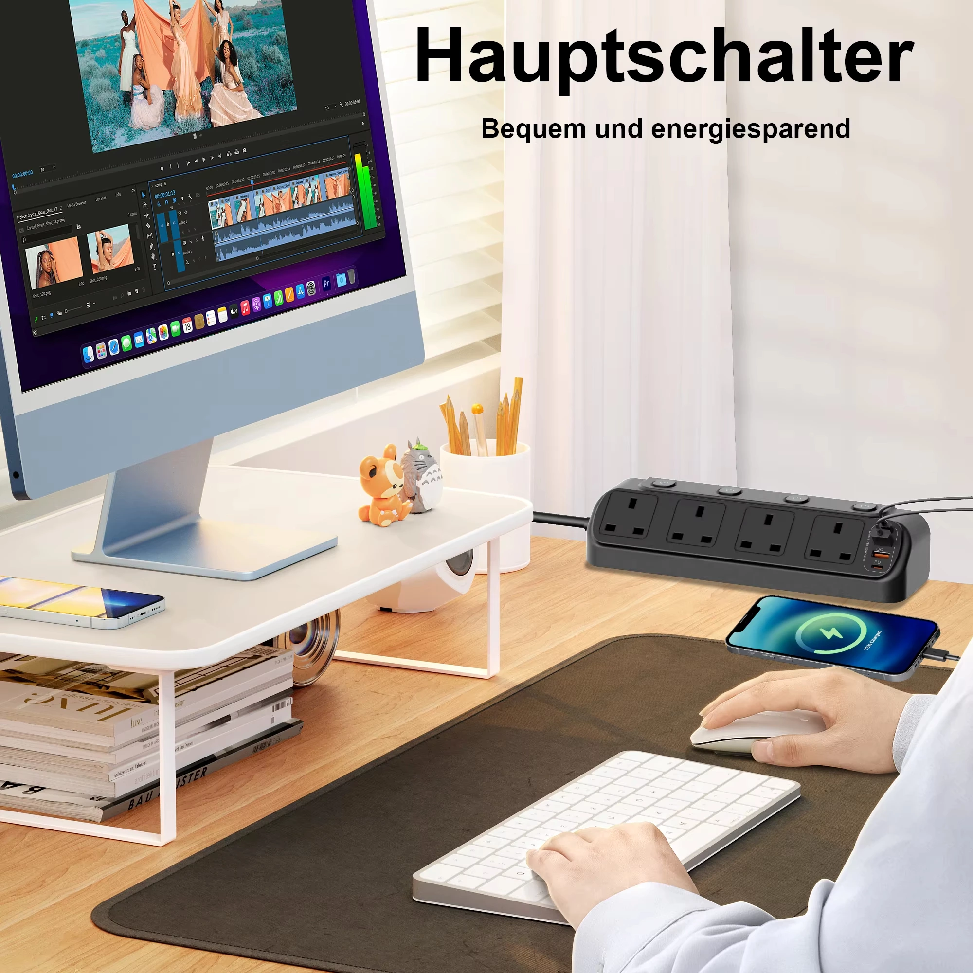 Desk Extension Lead 1.8M, 4 Way Switched Extension Socket with PD20W Charger(4 USB Ports), Desk Clamp Power Socket, Mountable Surge Protected Power Strip(13A 3250W) for Home Office