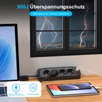 Table Socket with USB, 8-in-1 Socket Distributor, Flat Plug with 3 m Cable for Smartphones, 4-Way Switchable, 2 USB-C, 2 USB-A, Power Strip Desk Individually Switchable