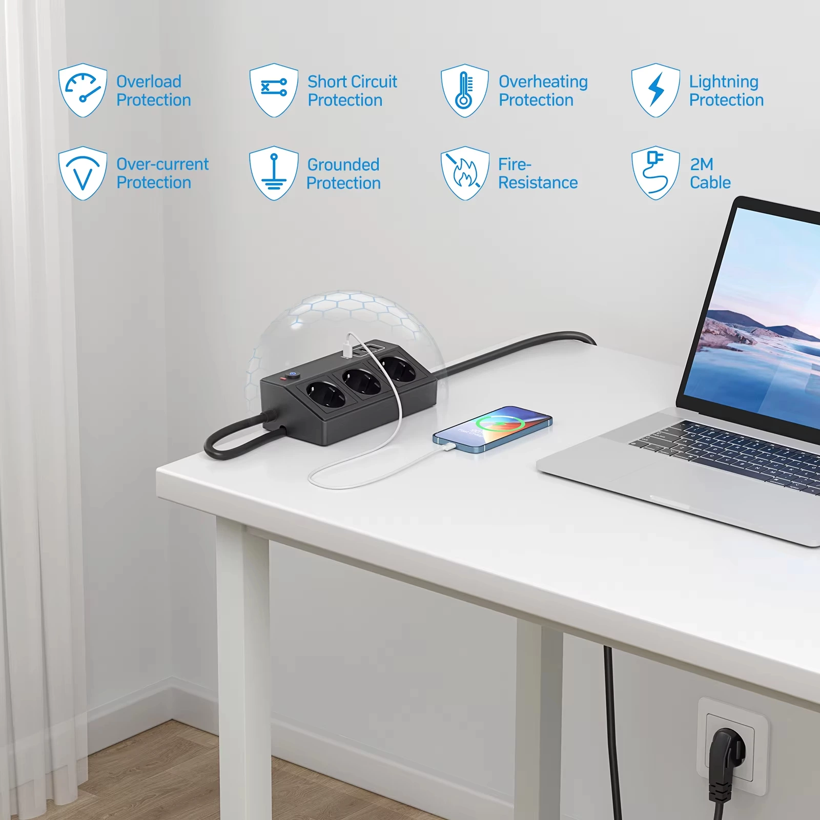 Desktop Power Strip with 3 AC Outlets, 4 USB Ports (Including USB-C PD 20W) Switch, 2M Cable and 4000W/16A Max Surge Protection for Office/Home