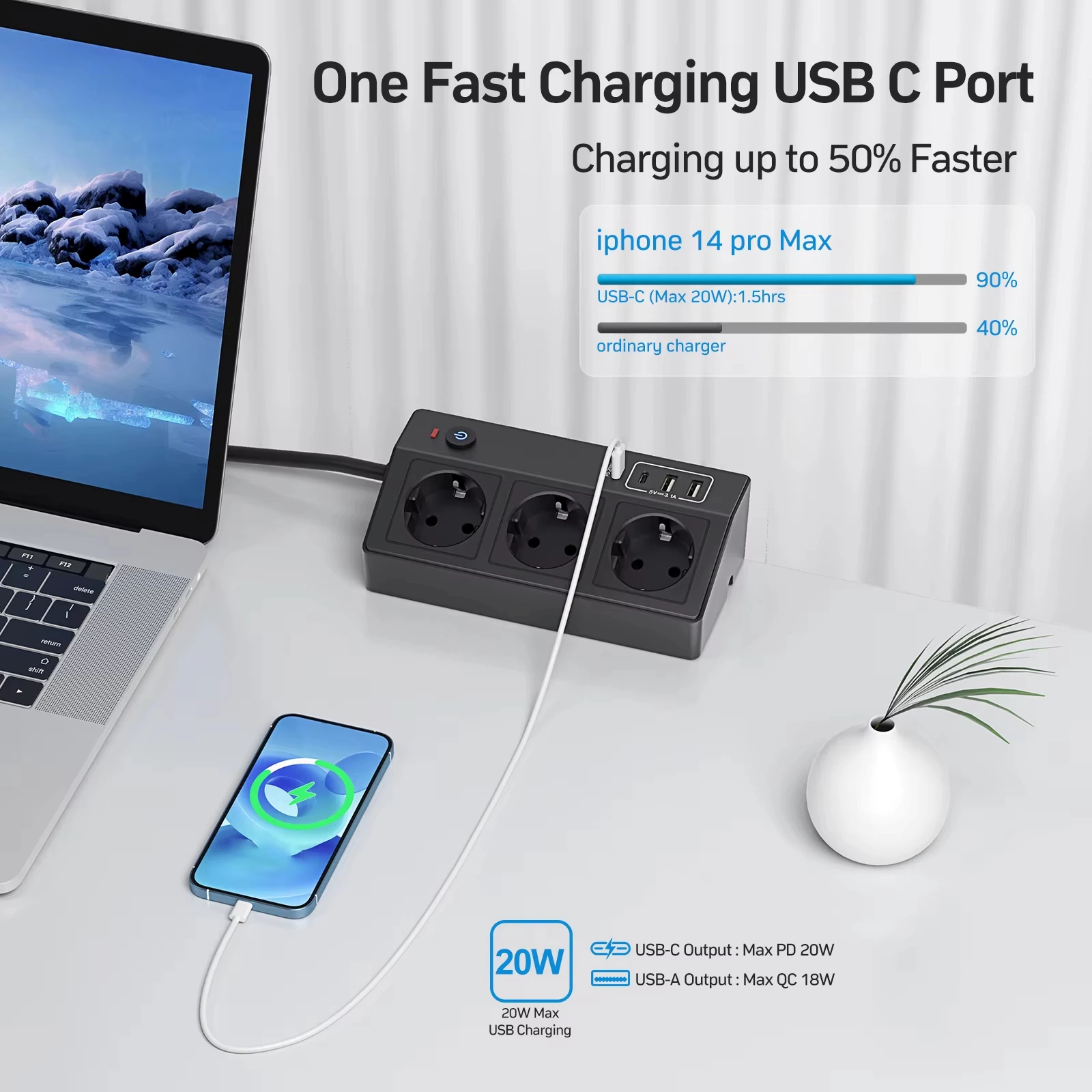 Desktop Power Strip with 3 AC Outlets, 4 USB Ports (Including USB-C PD 20W) Switch, 2M Cable and 4000W/16A Max Surge Protection for Office/Home