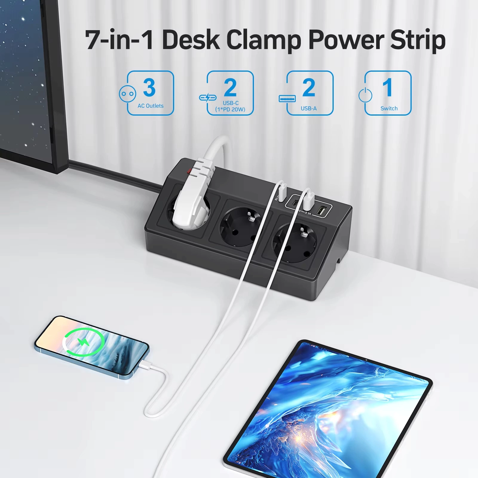 Desktop Power Strip with 3 AC Outlets, 4 USB Ports (Including USB-C PD 20W) Switch, 2M Cable and 4000W/16A Max Surge Protection for Office/Home