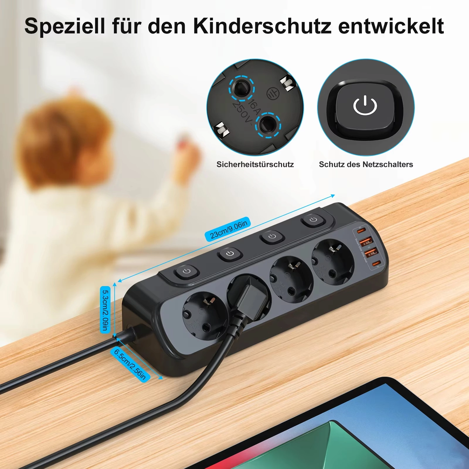 Table Socket with USB, 8-in-1 Socket Distributor, Flat Plug with 3 m Cable for Smartphones, 4-Way Switchable, 2 USB-C, 2 USB-A, Power Strip Desk Individually Switchable