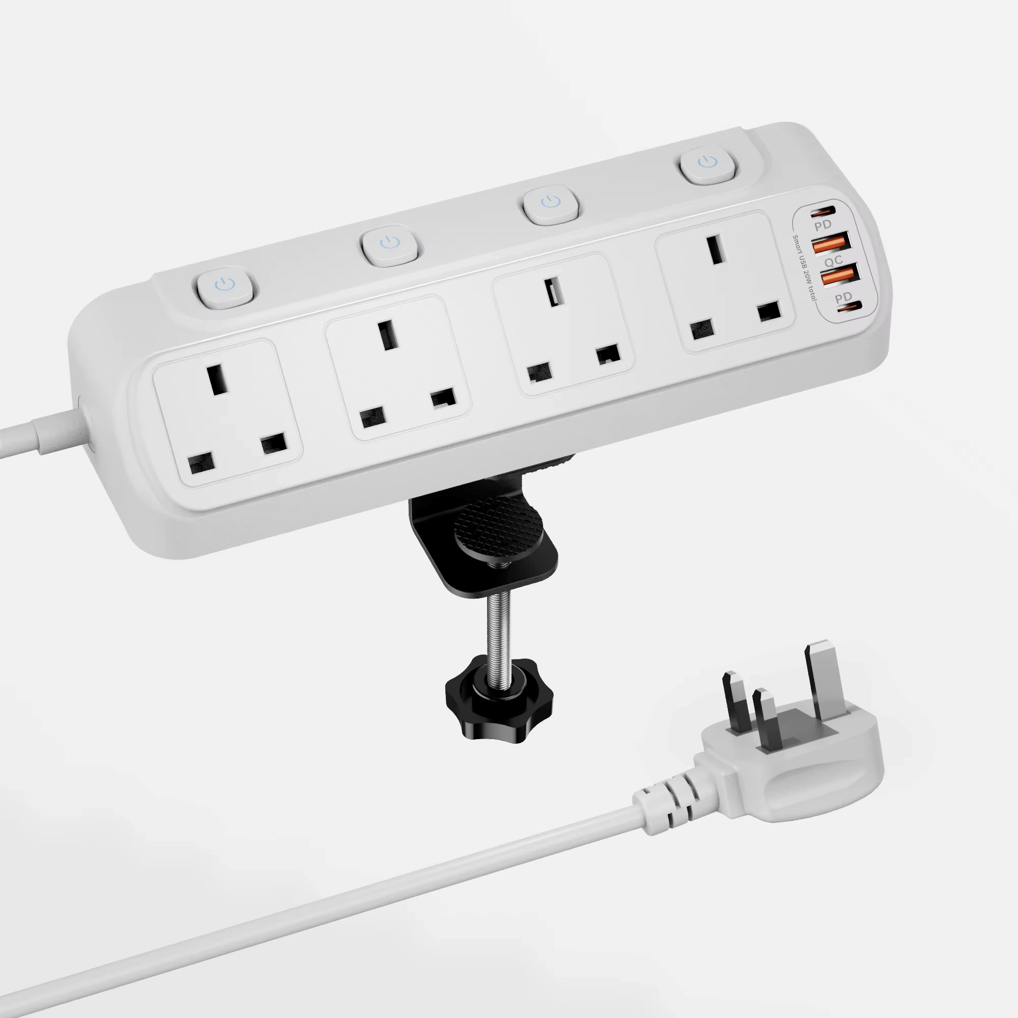 Desk Extension Lead 1.8M, 4 Way Switched Extension Socket with PD20W Charger(4 USB Ports), Desk Clamp Power Socket, Mountable Surge Protected Power Strip(13A 3250W) for Home Office