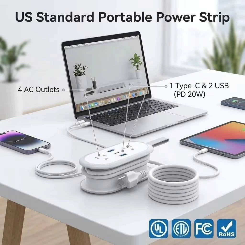 Wholesale US Standard Portable Power Strip Cruise Ship 2 AC Outlets 2 USB Ports 1 PD 20W Type-C Travel Extension Cord