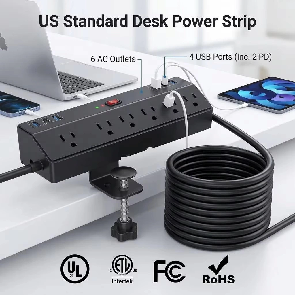 US Standard Desk Clamp Power Strip 6 AC Outlets 4 USB Ports 2 PD Charging Desktop Mount Socket for Home Office