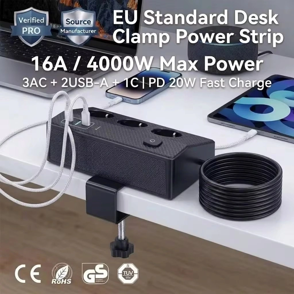 Desk Clamp Power Strip 3 AC Outlets 2 USB-A 2 Type-C Ports PD 20W 16A 4000W Desktop Mount Socket for Office