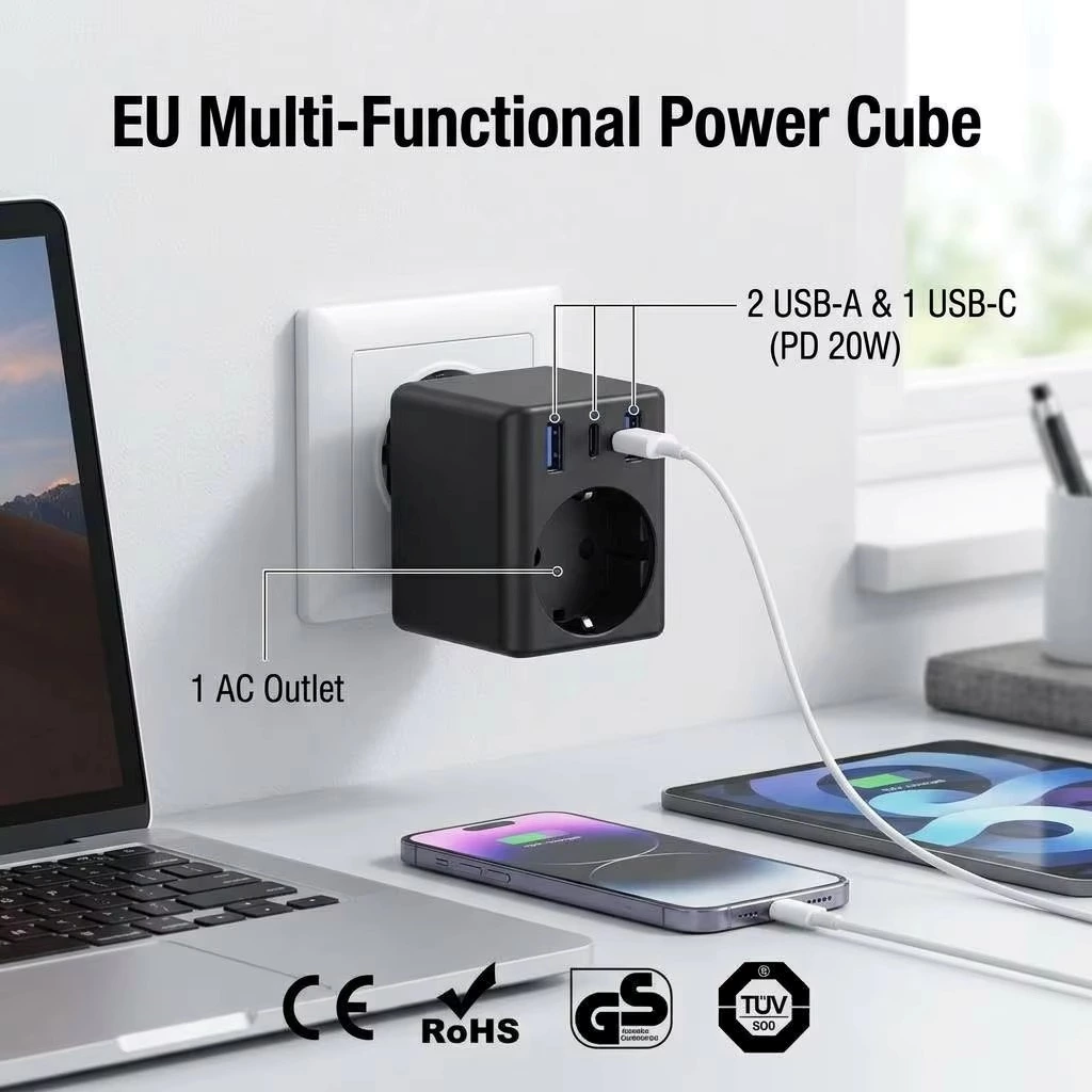 EU Multi-Functional Power Cube 1 AC 3 USB Ports 2A1C PD 20W Fast Charge 4000W Multi Socket Wall Plug Adapter