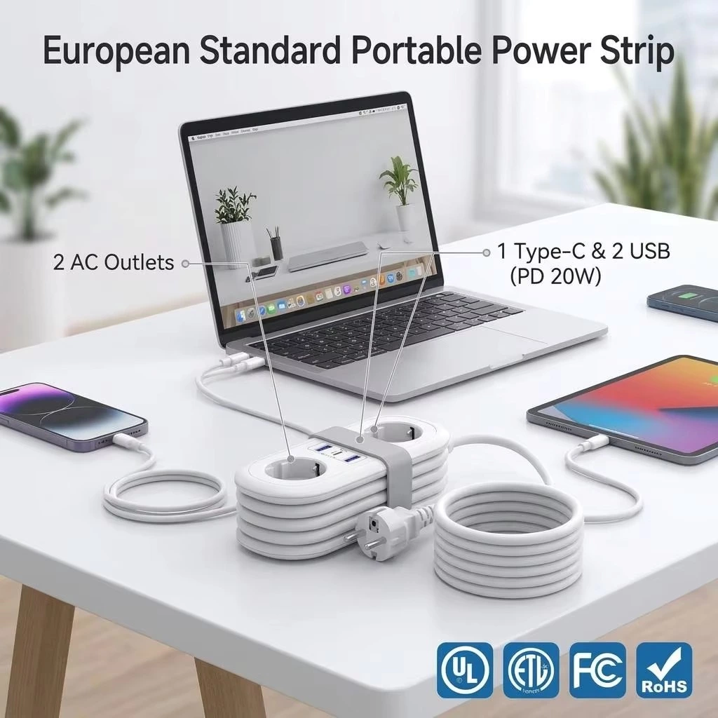 EU Certified Extension Socket PD 20W Fast Charging 2 Way Outlet 4000W European Portable Hub