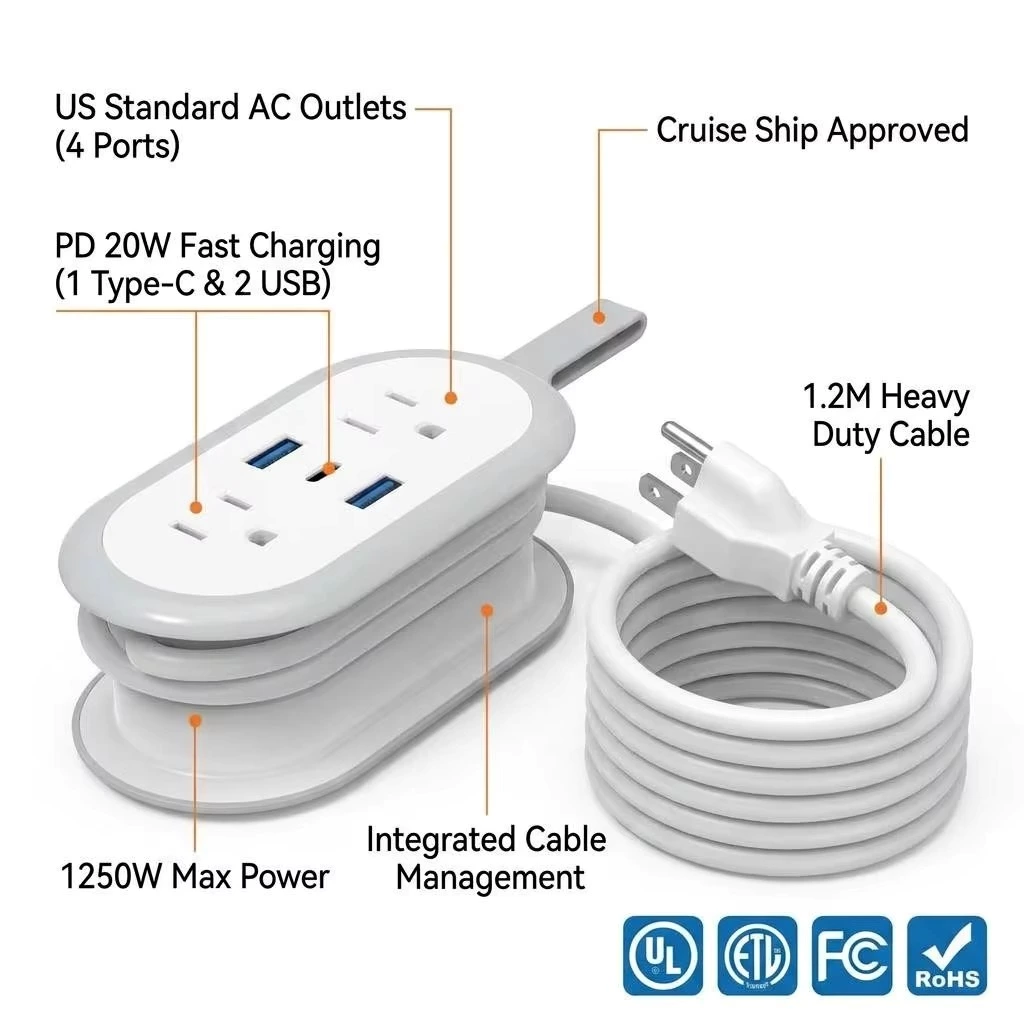Wholesale US Standard Portable Power Strip Cruise Ship 2 AC Outlets 2 USB Ports 1 PD 20W Type-C Travel Extension Cord