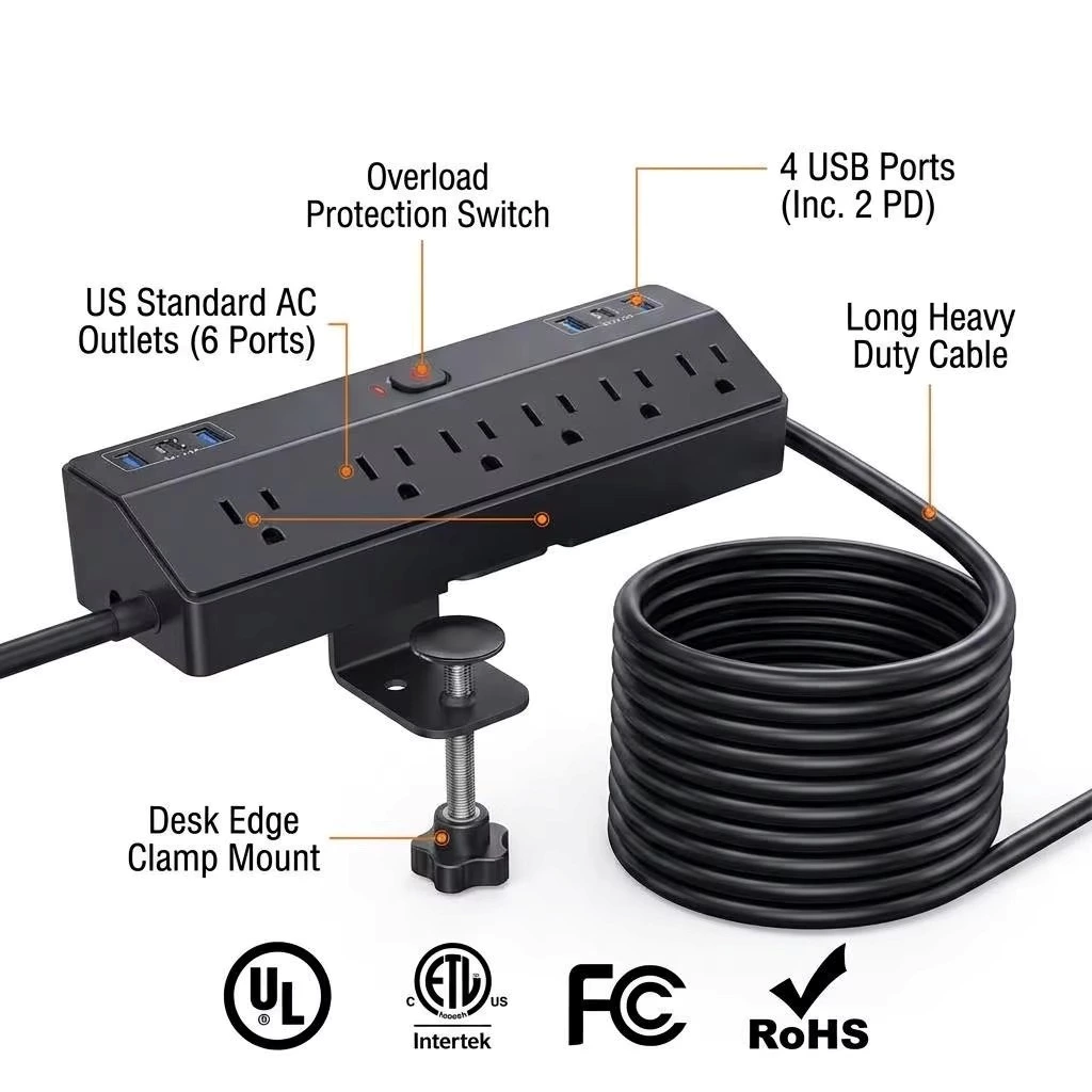 US Standard Desk Clamp Power Strip 6 AC Outlets 4 USB Ports 2 PD Charging Desktop Mount Socket for Home Office