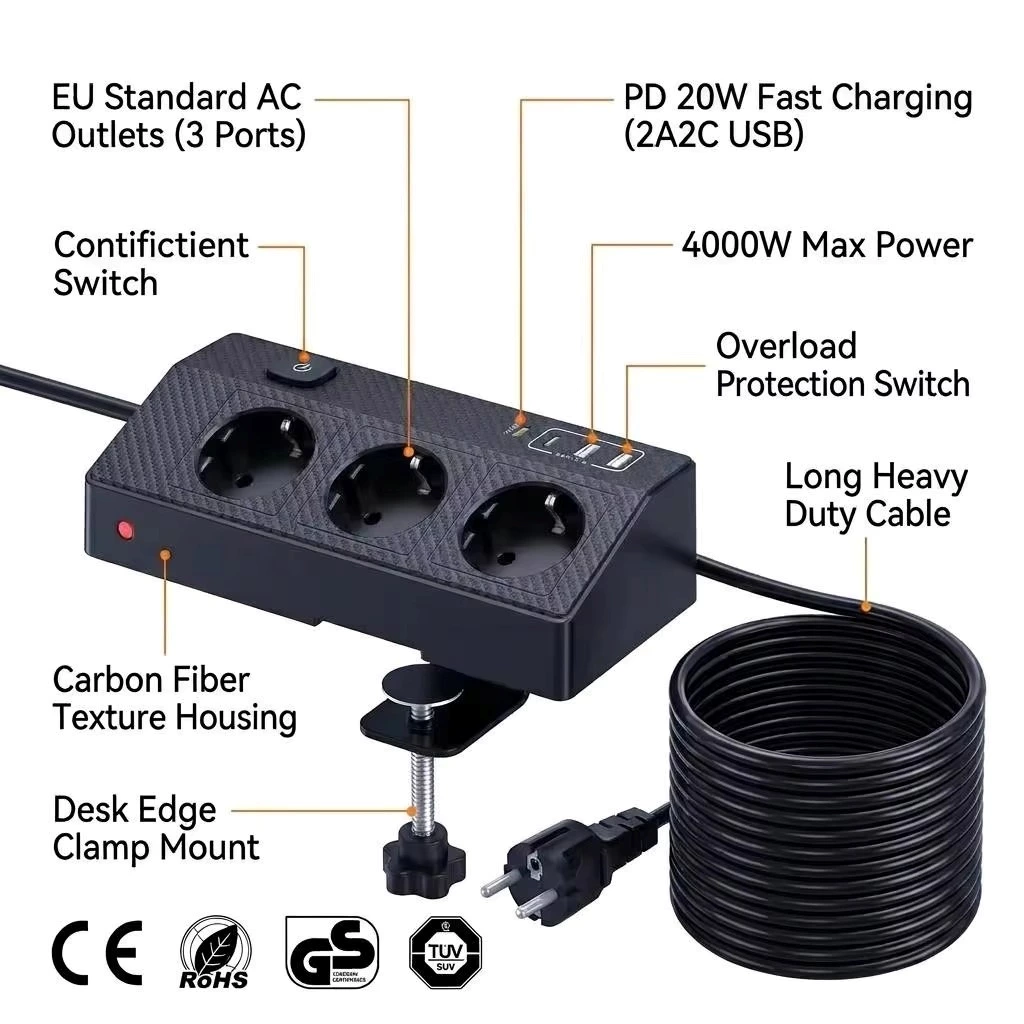 Desk Clamp Power Strip 3 AC Outlets 2 USB-A 2 Type-C Ports PD 20W 16A 4000W Desktop Mount Socket for Office