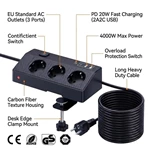 Desk Clamp Power Strip 3 AC Outlets 2 USB-A 2 Type-C Ports PD 20W 16A 4000W Desktop Mount Socket for Office