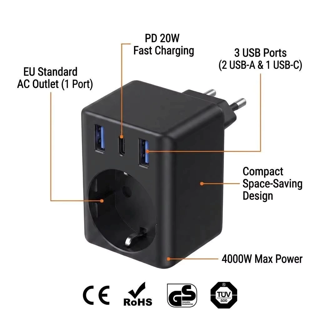 EU Multi-Functional Power Cube 1 AC 3 USB Ports 2A1C PD 20W Fast Charge 4000W Multi Socket Wall Plug Adapter