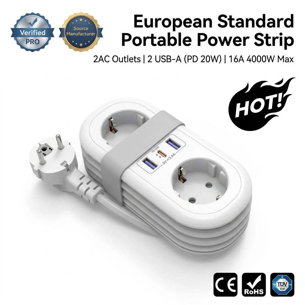 EU Certified Extension Socket PD 20W Fast Charging 2 Way Outlet 4000W European Portable Hub