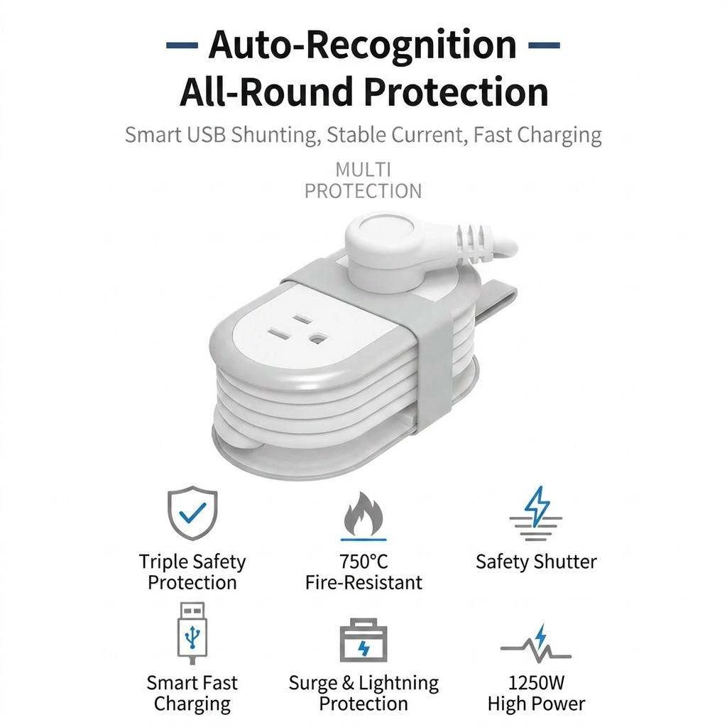 Wholesale US Standard Portable Power Strip Cruise Ship 2 AC Outlets 2 USB Ports 1 PD 20W Type-C Travel Extension Cord