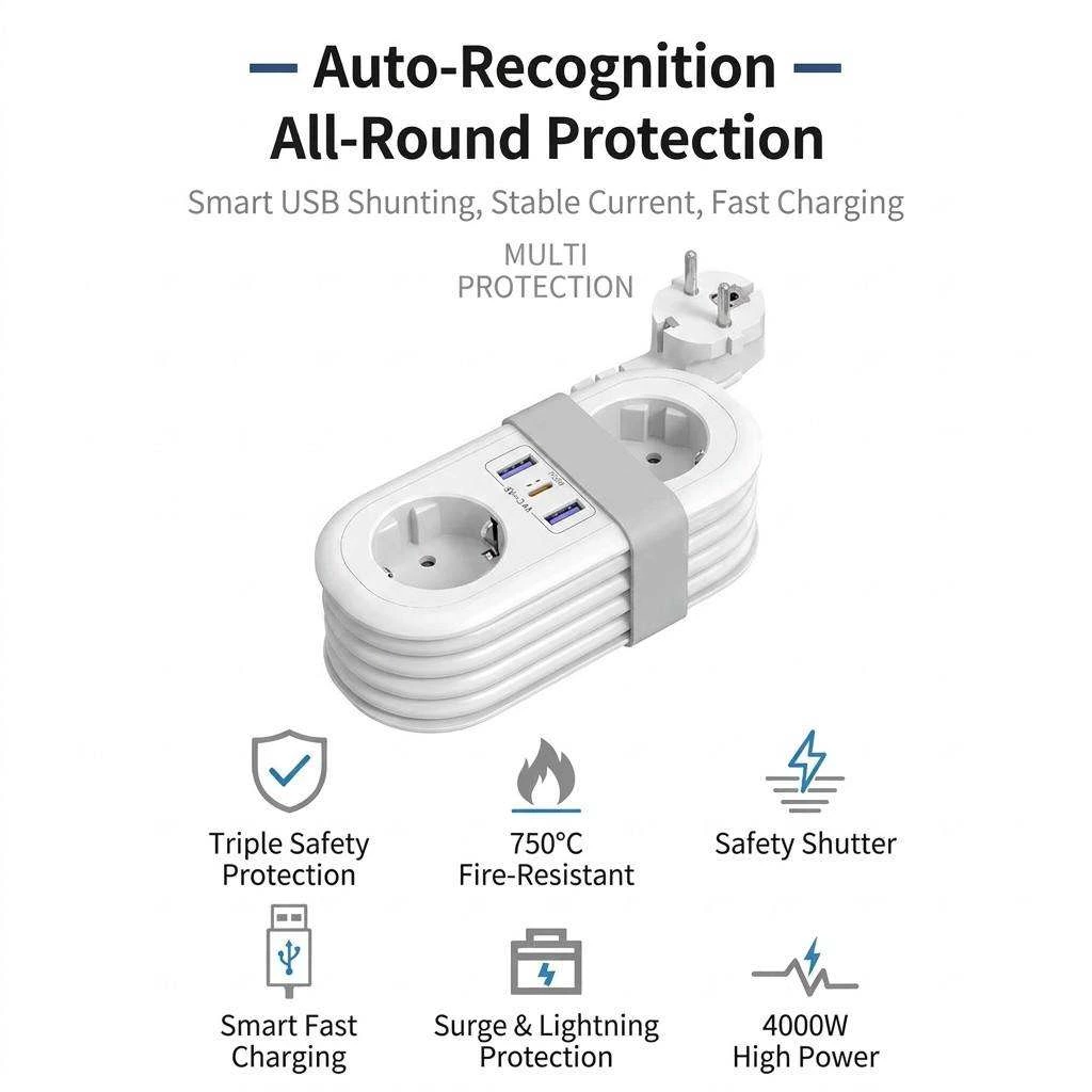 EU Certified Extension Socket PD 20W Fast Charging 2 Way Outlet 4000W European Portable Hub
