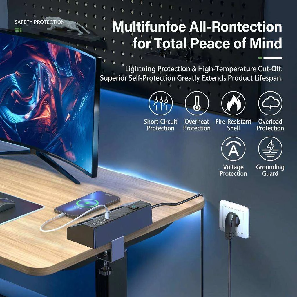 Desk Clamp Power Strip 3 AC Outlets 2 USB-A 2 Type-C Ports PD 20W 16A 4000W Desktop Mount Socket for Office