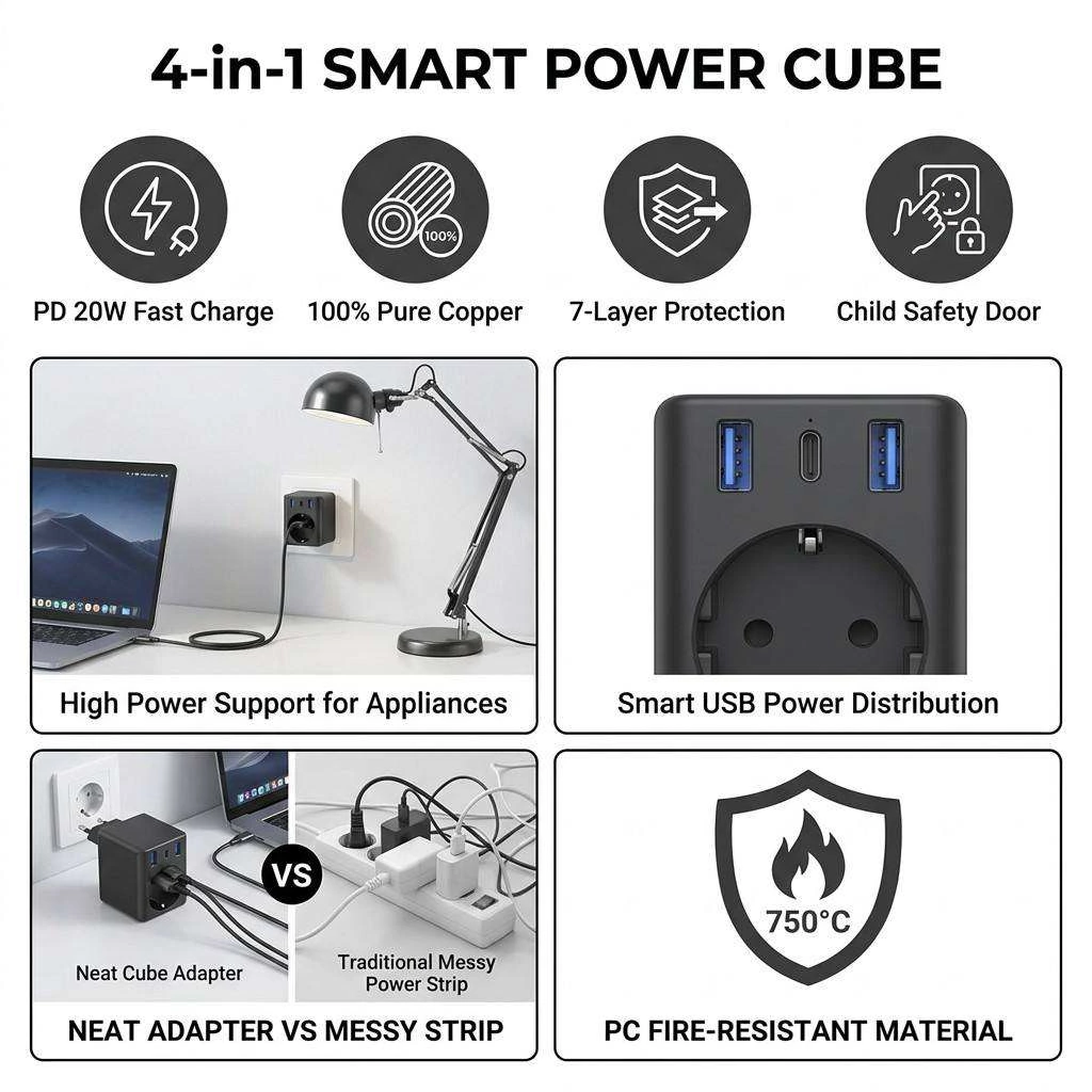 EU Multi-Functional Power Cube 1 AC 3 USB Ports 2A1C PD 20W Fast Charge 4000W Multi Socket Wall Plug Adapter