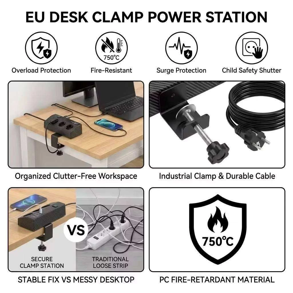 Desk Clamp Power Strip 3 AC Outlets 2 USB-A 2 Type-C Ports PD 20W 16A 4000W Desktop Mount Socket for Office