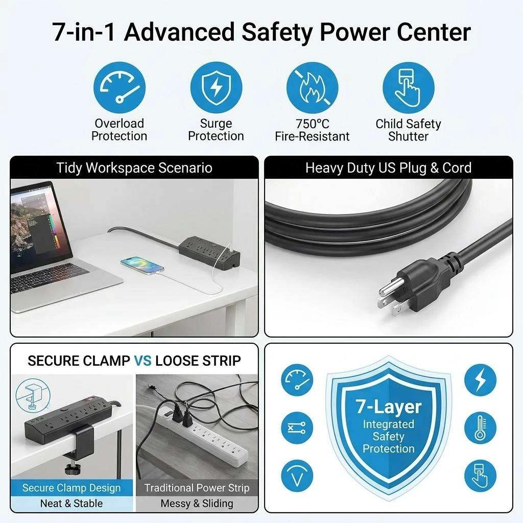 US Standard Desk Clamp Power Strip 6 AC Outlets 4 USB Ports 2 PD Charging Desktop Mount Socket for Home Office